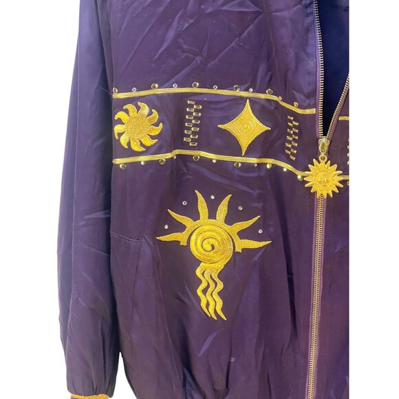 Caché Satin Bomber Jacket Gold Sunburst Crafty Embellishments Striped Size L Pu - Picture 9 of 10